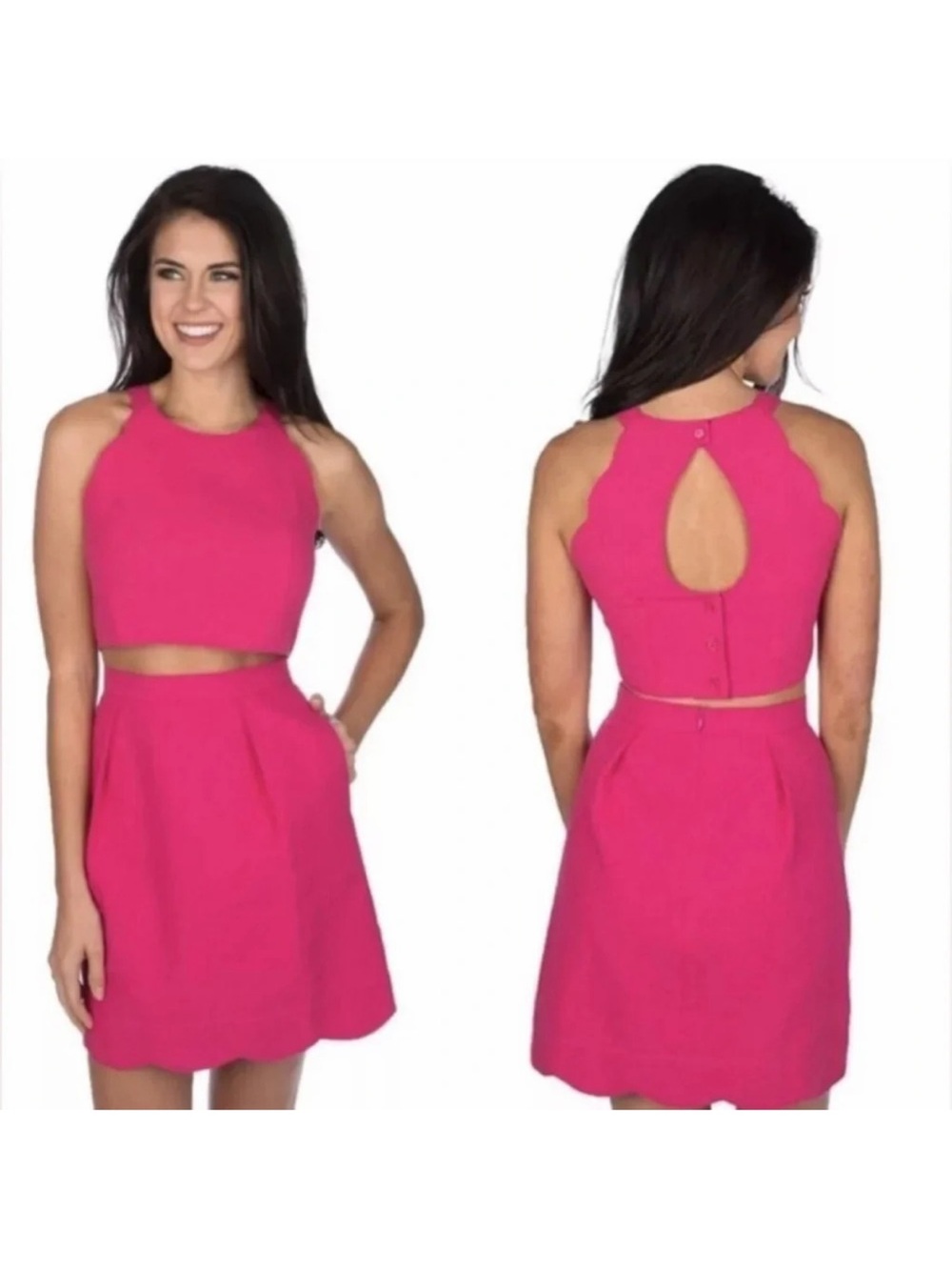 Lauren James Carly Seersucker Hot Pink Skirt & Crop Top Set, Size S